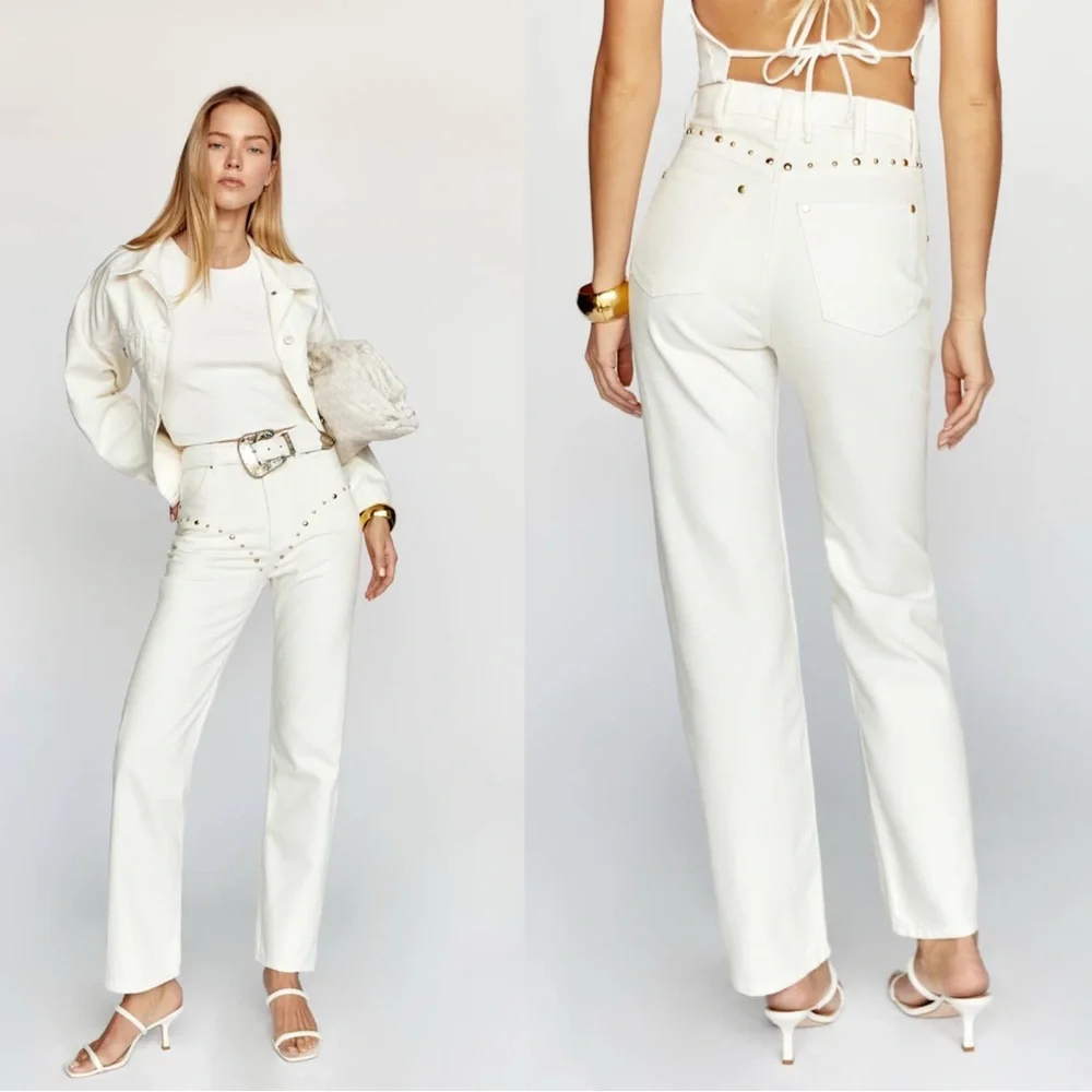 Reformation Cowboy Studded High Rise Straight Jeans in Vintage White
